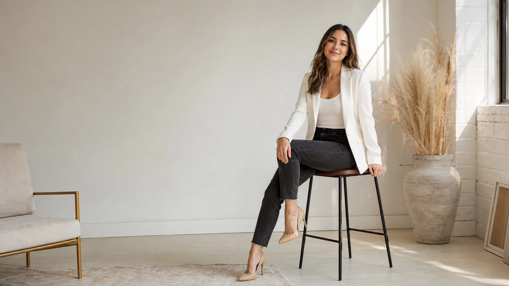 Beginner friendly seated pose in a bright studio