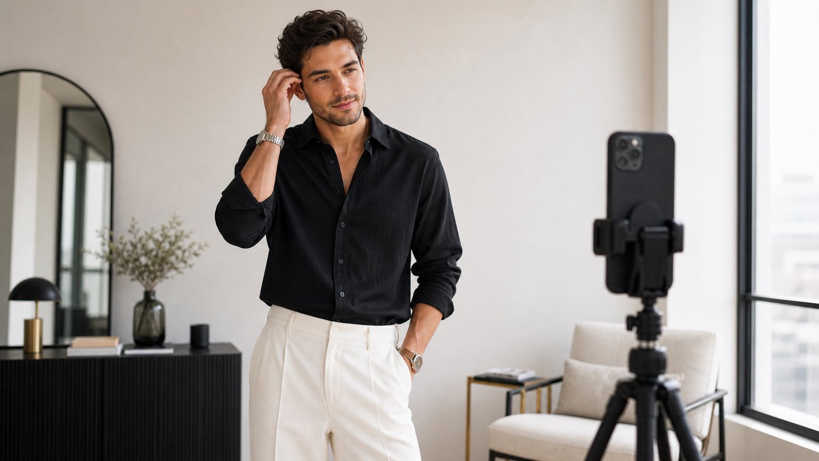 Man setting up an iPhone tripod for a guided pose camera session