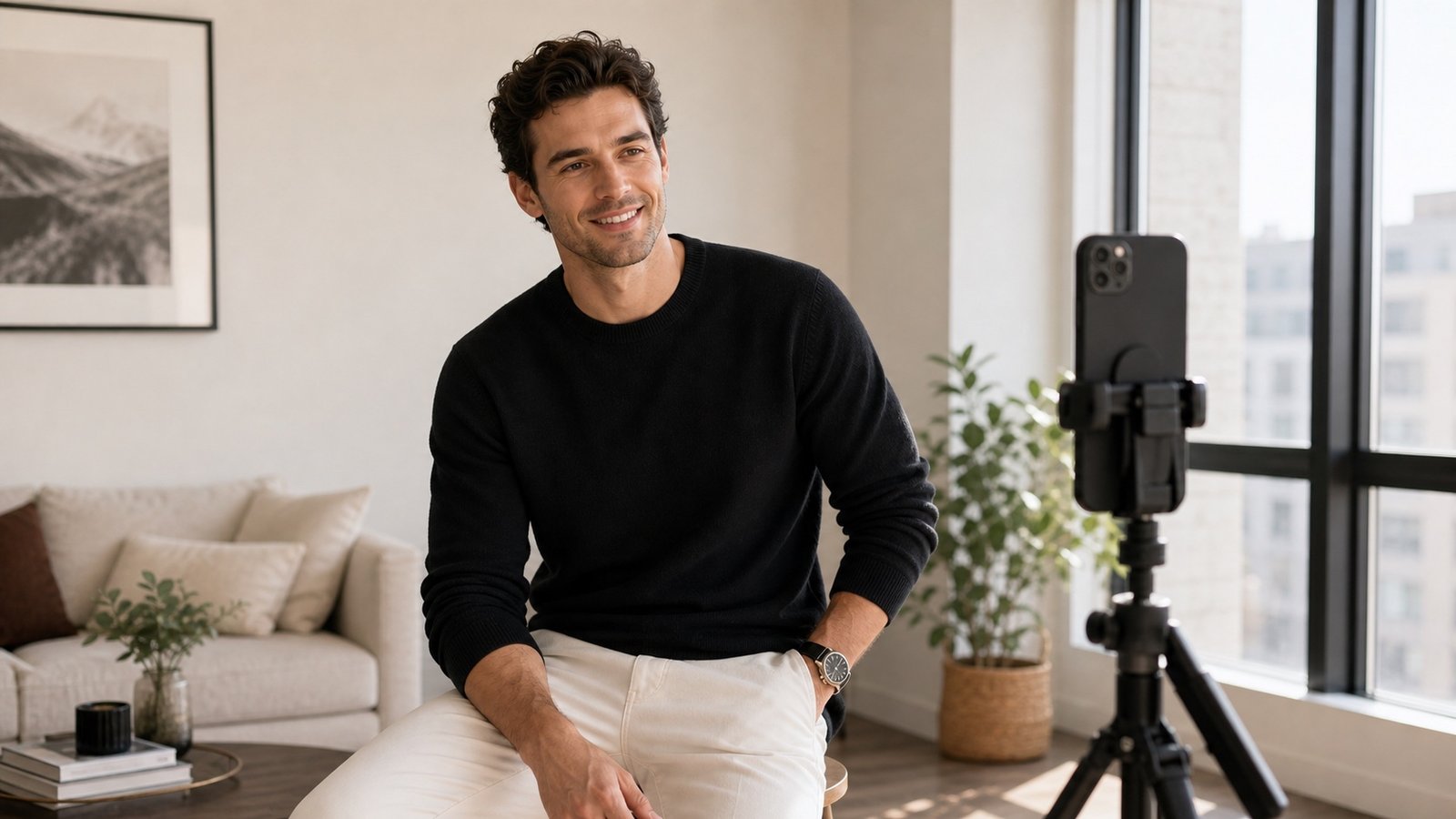 Man taking natural dating profile style photos with a phone tripod