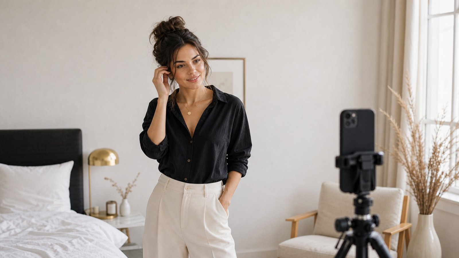 Person preparing to use a phone tripod for guided posing