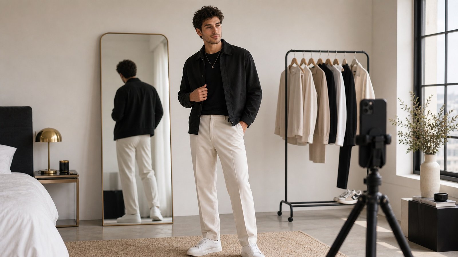 Man posing for outfit photos in a minimal fashion studio with a phone tripod