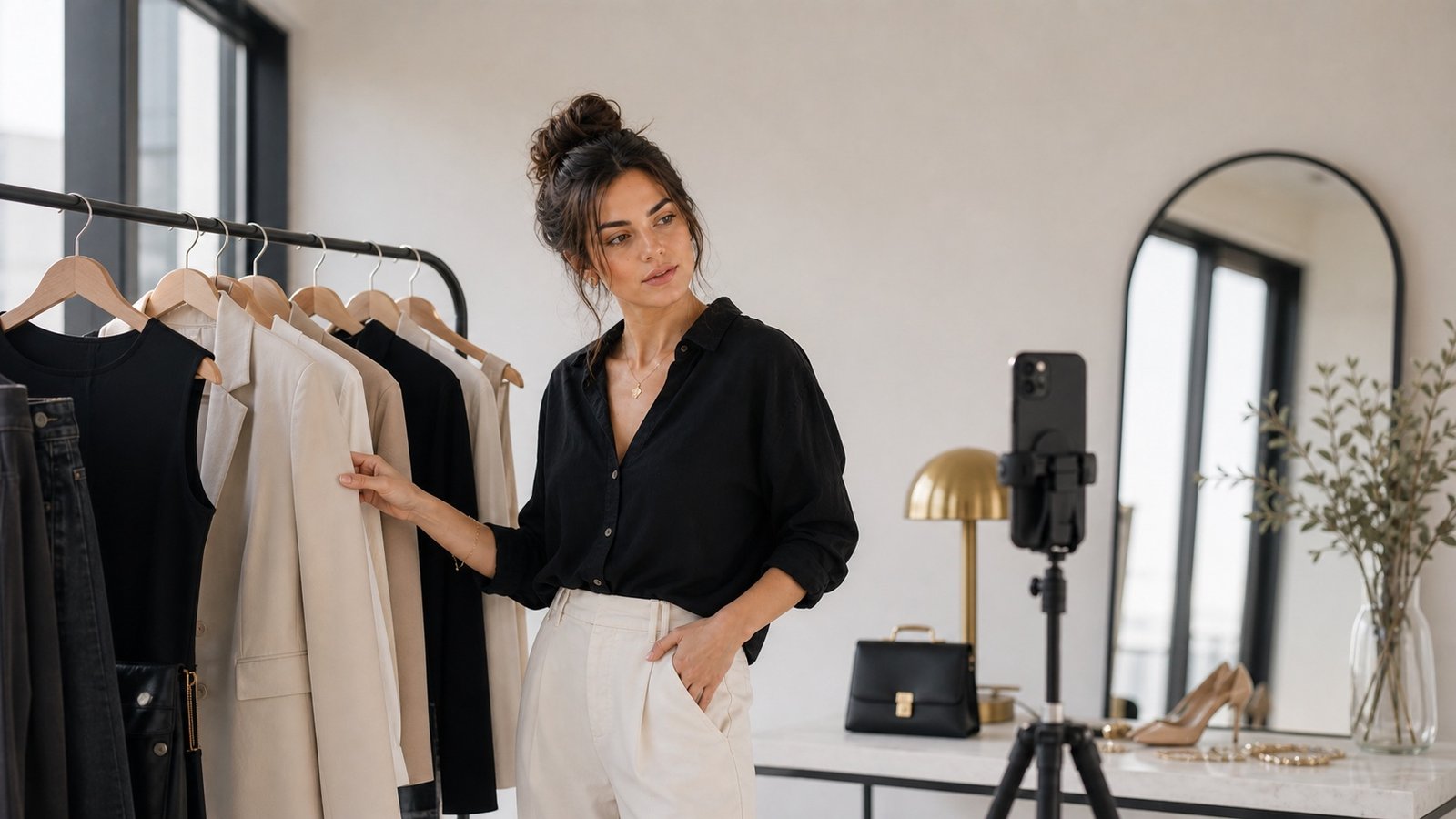 Person choosing an outfit near a phone tripod for a photo shoot