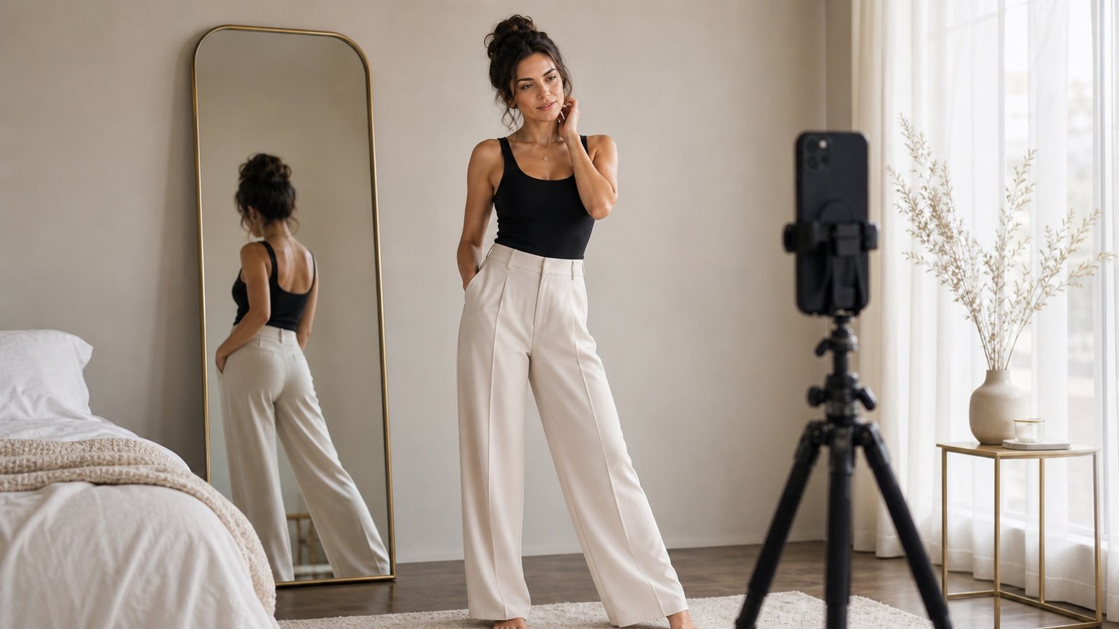 Person practicing a pose at home with a phone tripod