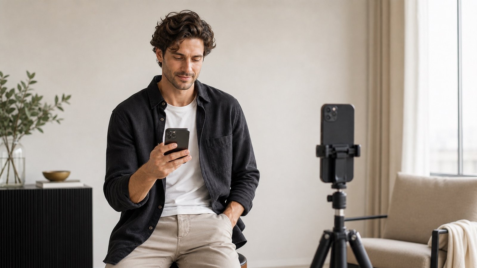Man privately reviewing photos on his phone in a calm studio setting