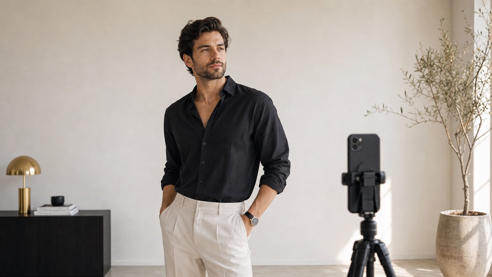 Man standing with confident posture in a bright studio near a phone tripod